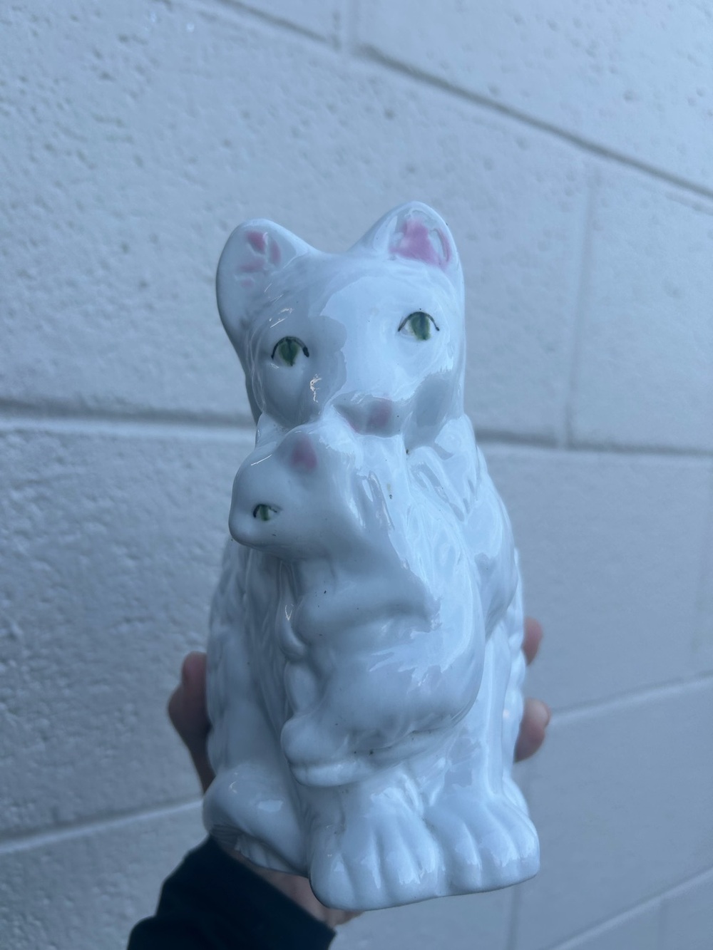 Vintage White whimsical Ceramic Cat Figurine with Kitten - Decorative Accent